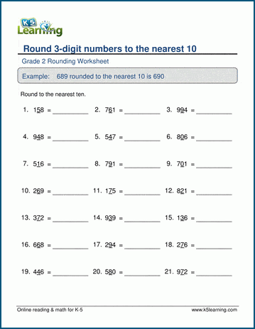Third grade students practice rounding numbers to the nearest ten and hundred on this math worksheet