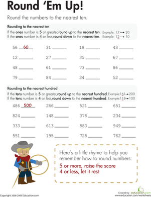 Third grade math worksheet for rounding numbers to the nearest ten and hundred