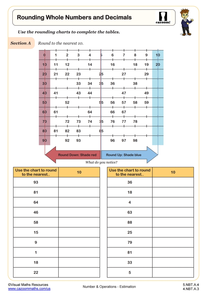 Fourth grade students practice rounding multi-digit whole numbers on this number sense worksheet