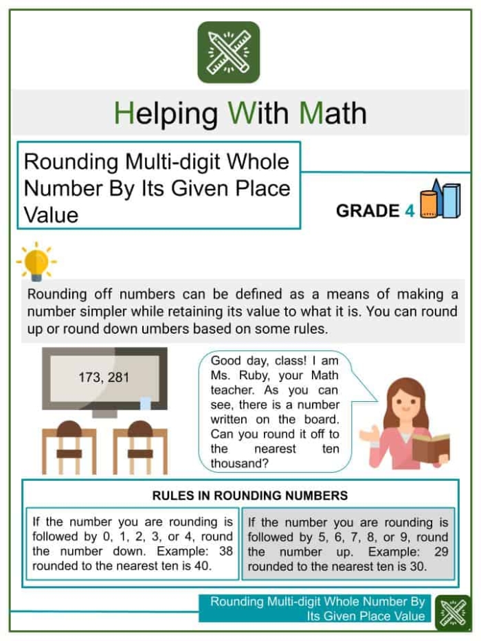 Third grade math worksheet for rounding numbers to the nearest ten and hundred titled Round Em Up