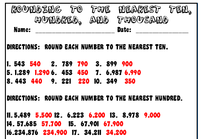 Rounding to the Nearest Ten Hundred and Thousands Practice Worksheet 9 Third grade math worksheet for practicing rounding numbers to the nearest ten hundred and thousand