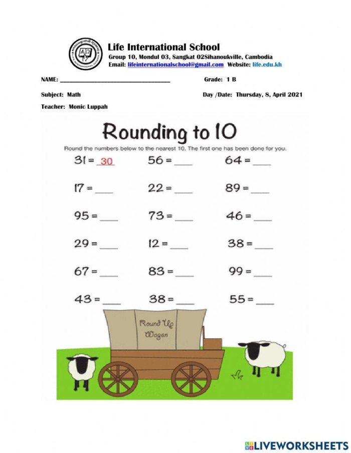 Rounding to the Nearest 10 Math Worksheet for Grade 3 Students Third grade math worksheet featuring practice problems for rounding numbers to the nearest ten