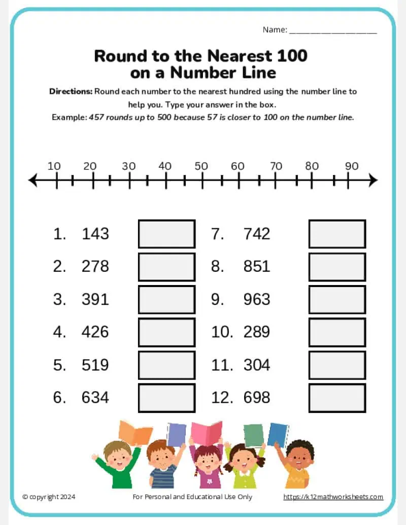 Kids practicing rounding numbers on the Round 'Em Up! worksheet for third grade math