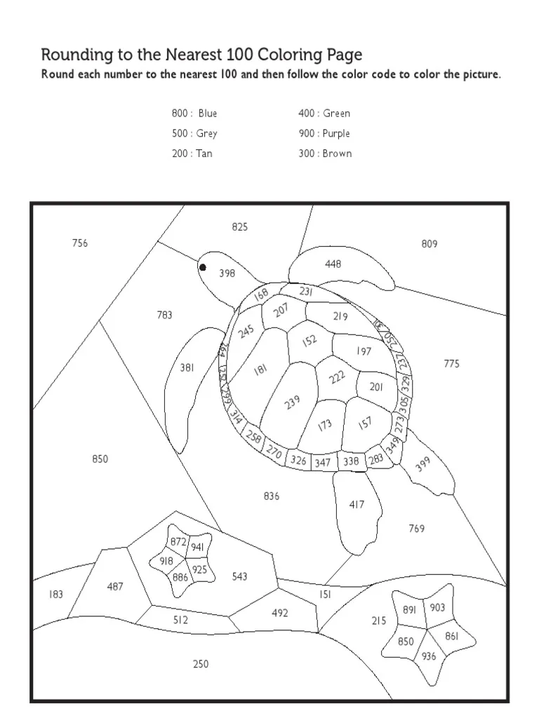 Rounding Color by Number Sea Turtle and Sea Stars Worksheet 1 Third grade math worksheet featuring a sea turtle and stars for practicing rounding to the nearest hundred