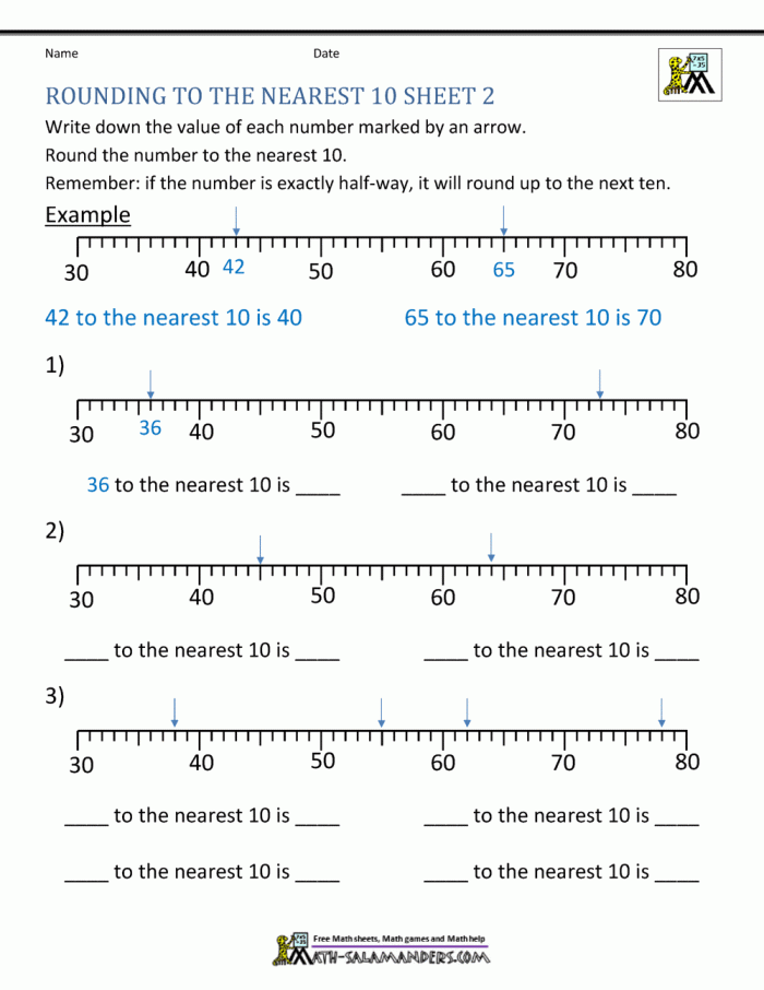 Rounding to the Nearest 10 Practice Worksheet Image 22 Third grade math worksheet showing rounding exercises with numbers rounded to the nearest 10 for developing estimation skills