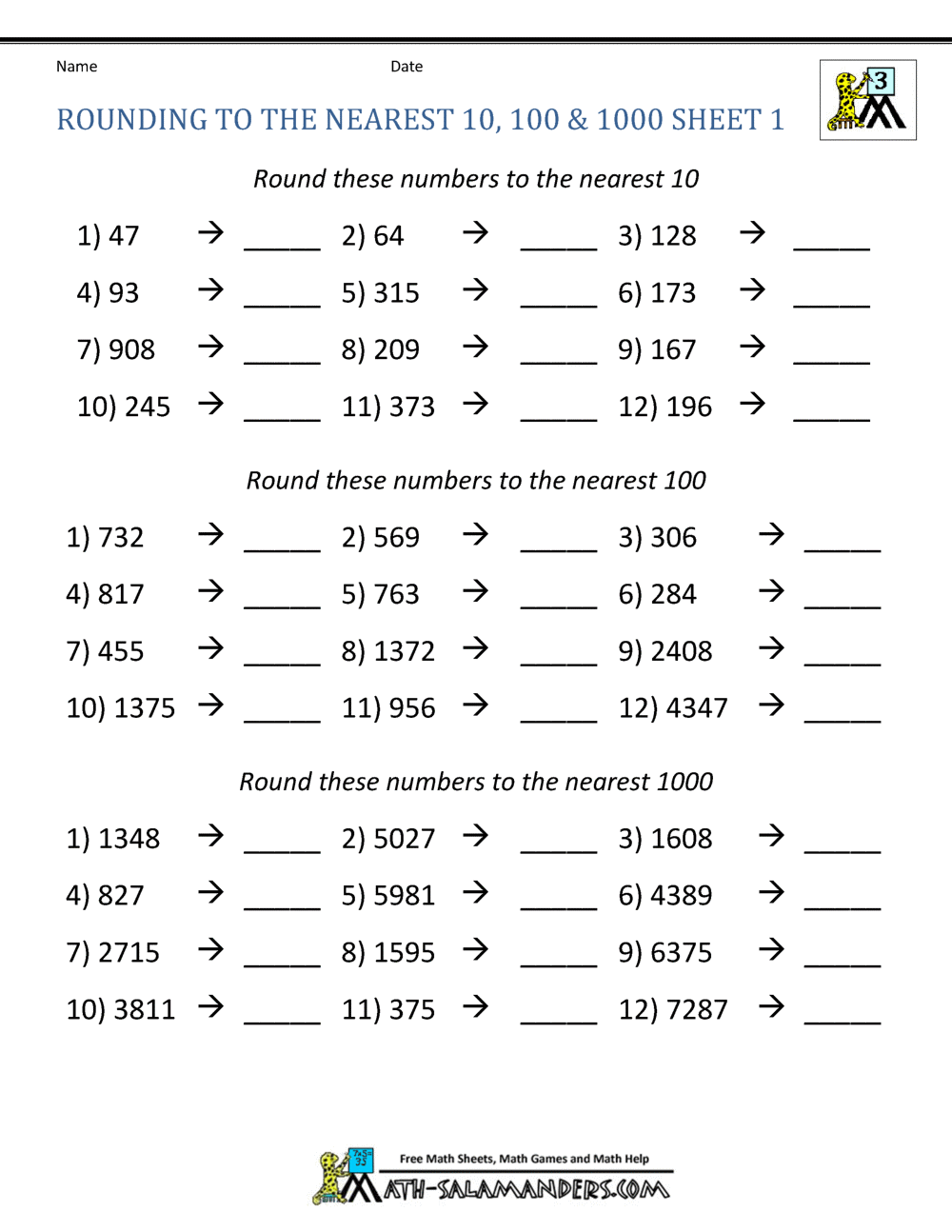 Rounding to the Nearest Ten, Hundred, and Thousand Practice Activity 14 Third grade math worksheet showing rounding practice problems for tens, hundreds, and thousands place values