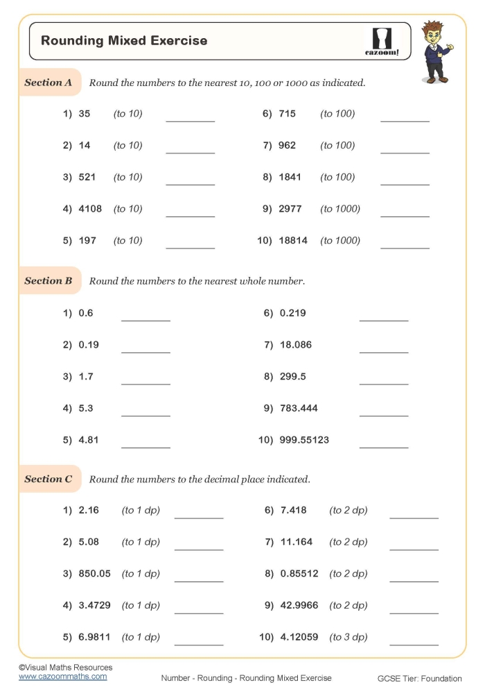 Third grade math student practicing rounding numbers to the nearest ten and hundred on a worksheet