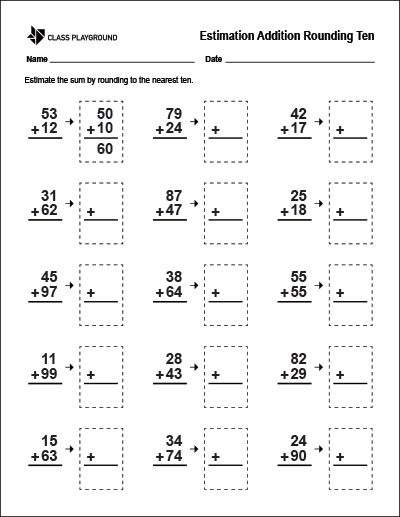 Third grade math worksheet showing rounding strategies to estimate sums of two numbers for calculation checking