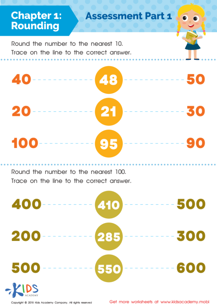 Third grade math worksheet featuring Let's Go Rounding exercises for tens and hundreds practice