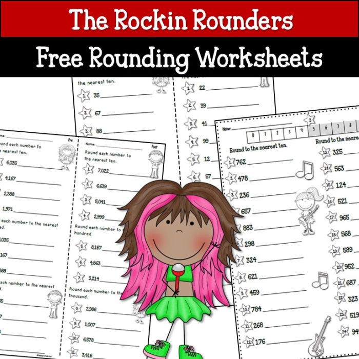 Third grade math worksheet featuring Let's Go Rounding exercises for tens and hundreds