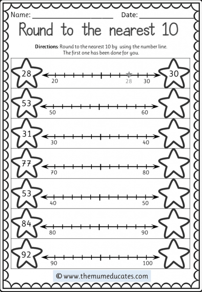 Rounding to the Nearest 10 Practice Worksheet for Elementary Math Students Third grade math worksheet showing rounding exercises where students practice rounding two-digit numbers to the nearest ten with visual number line guides