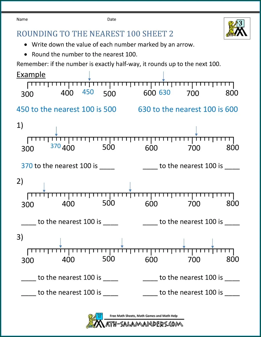 Fifth grade students completing a math worksheet focused on rounding decimals and fractions to the nearest whole number