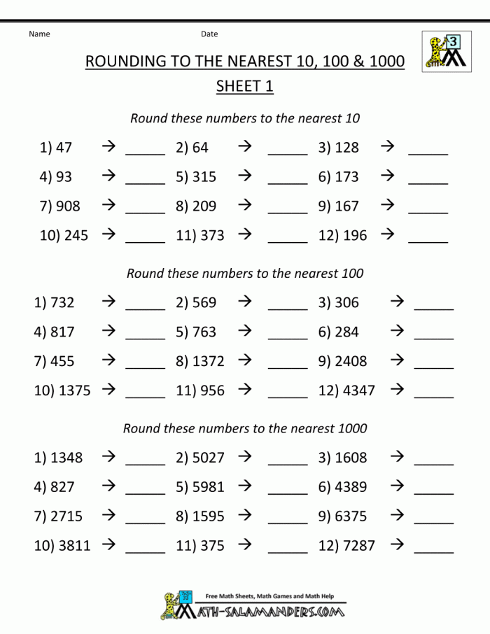 Fifth grade math worksheet focused on rounding decimals and fractions to the nearest whole number