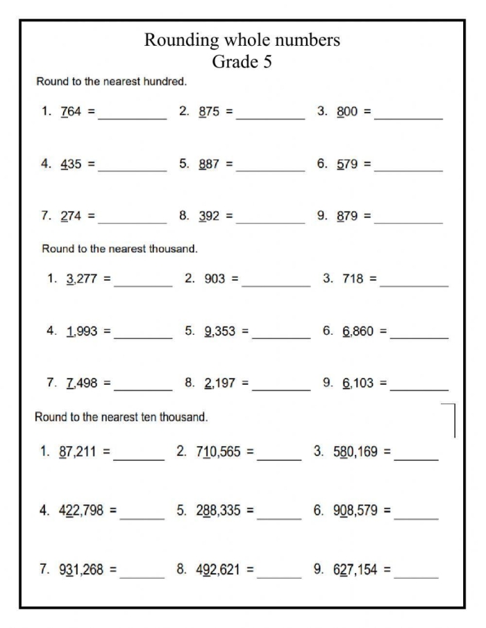 Fourth grade math worksheet featuring practice problems for rounding multi-digit whole numbers