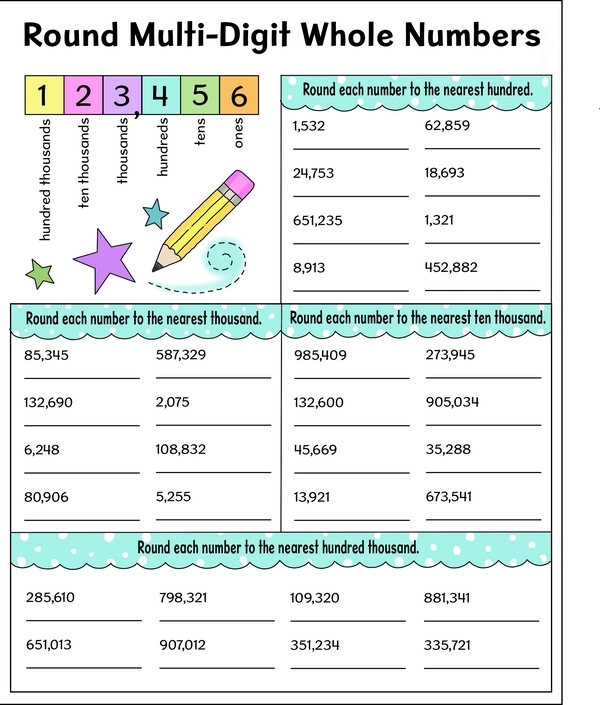 Fourth grade student completing a math worksheet focused on rounding multi-digit whole numbers