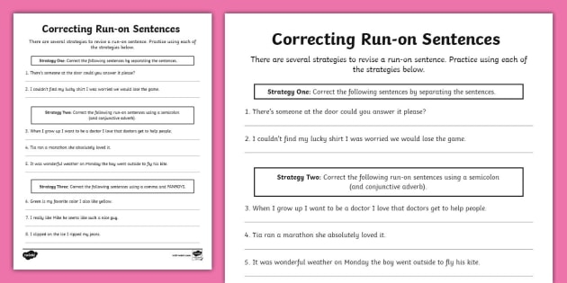 Fourth grade students practice fixing run-on sentences with correction examples and guided exercises on this geography worksheet
