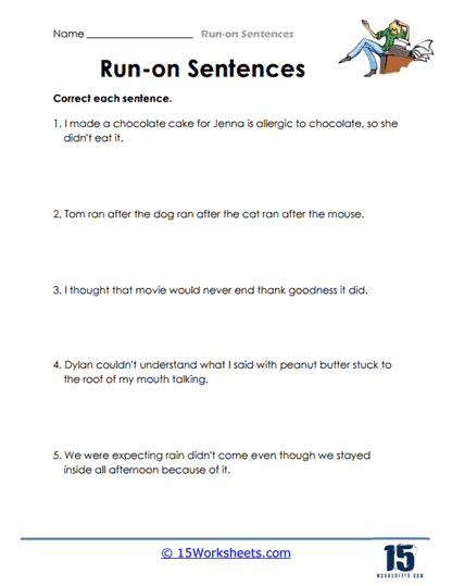 Work on Writing: Run-On Sentences Worksheet for Grade 3 Worksheet for correcting run-on sentences in third-grade handwriting practice