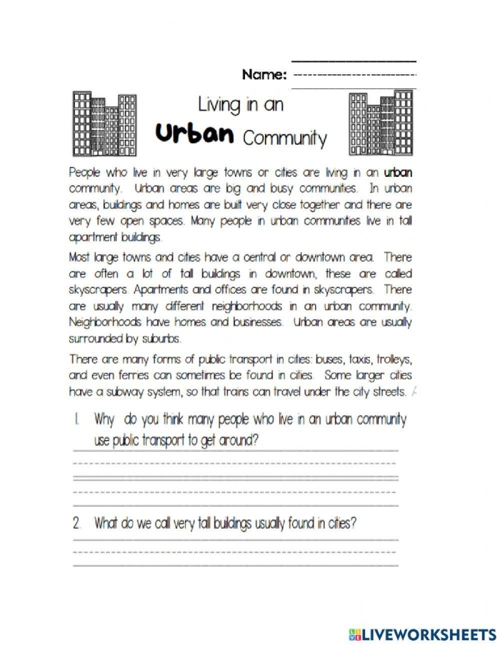 Three Types of Communities Sight Words Activity for Elementary Learners Second grade students identifying characteristics of rural, urban, and suburban communities on a vocabulary worksheet