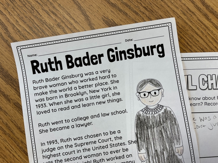 Ruth Bader Ginsburg Biography Worksheet Ten Addition Practice Fifth grade addition worksheet featuring a biography of Supreme Court Justice Ruth Bader Ginsburg