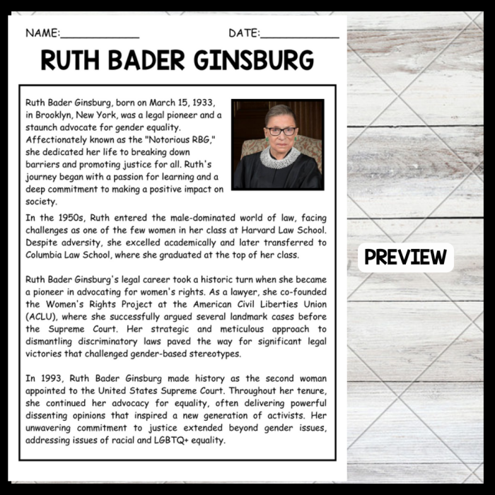 Ruth Bader Ginsburg Biography Worksheet Addition Activity 11 Fifth grade biography worksheet about Supreme Court Justice Ruth Bader Ginsburg with addition math practice