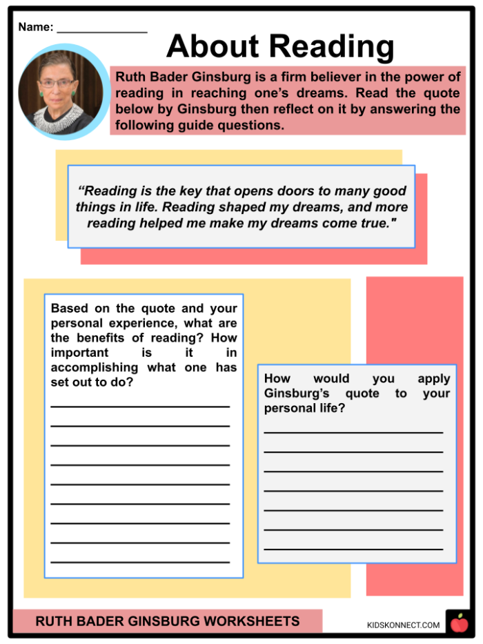 Ruth Bader Ginsburg Biography Addition Worksheet for 5th Grade Fifth grade biography worksheet about Supreme Court Justice Ruth Bader Ginsburg with addition math practice