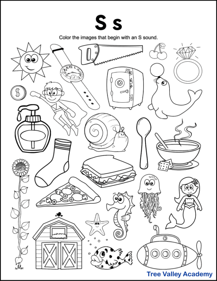 Pre-K phonics worksheet featuring various objects that begin with the letter S