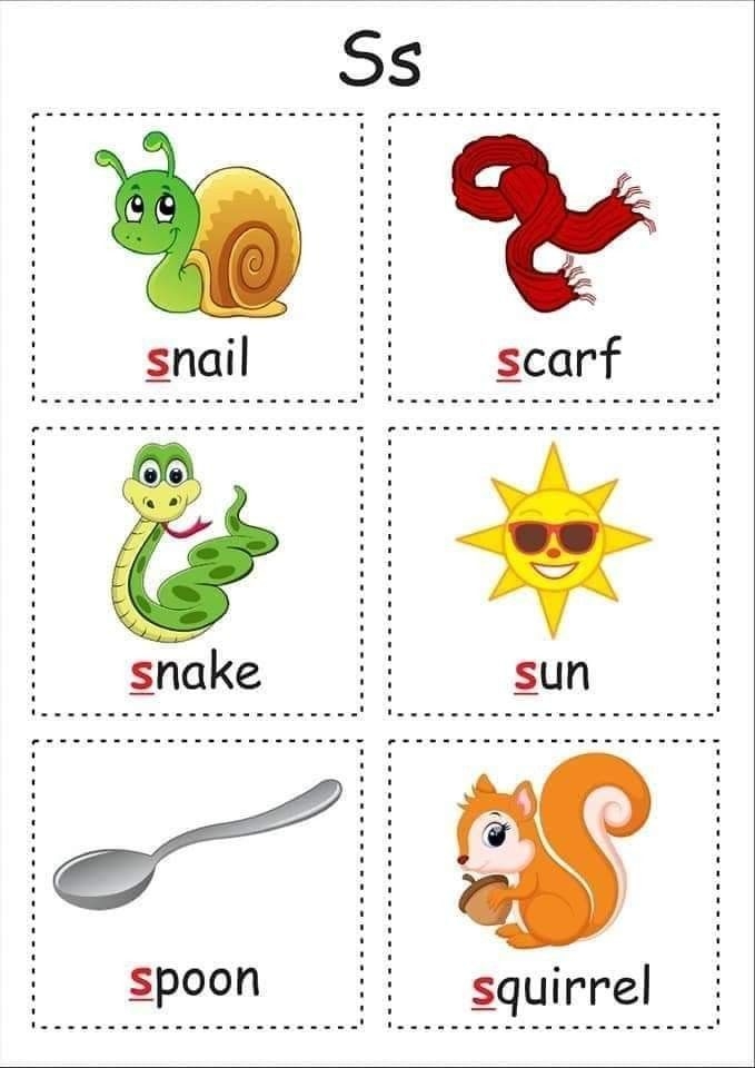 Worksheet featuring various objects that start with the letter S for phonics practice