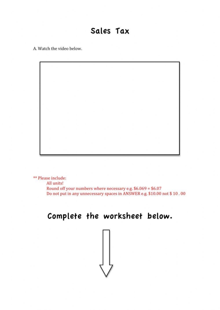Practice worksheet showing sales tax math problems with kid-friendly purchase examples Sixth grade student calculating sales tax on colorful shopping items and products