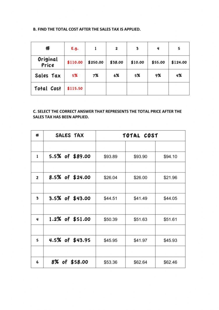 Learn to compute sales tax amounts on concession stand purchases for math practice Seventh grade student calculating sales tax on baseball snacks worksheet activity 19