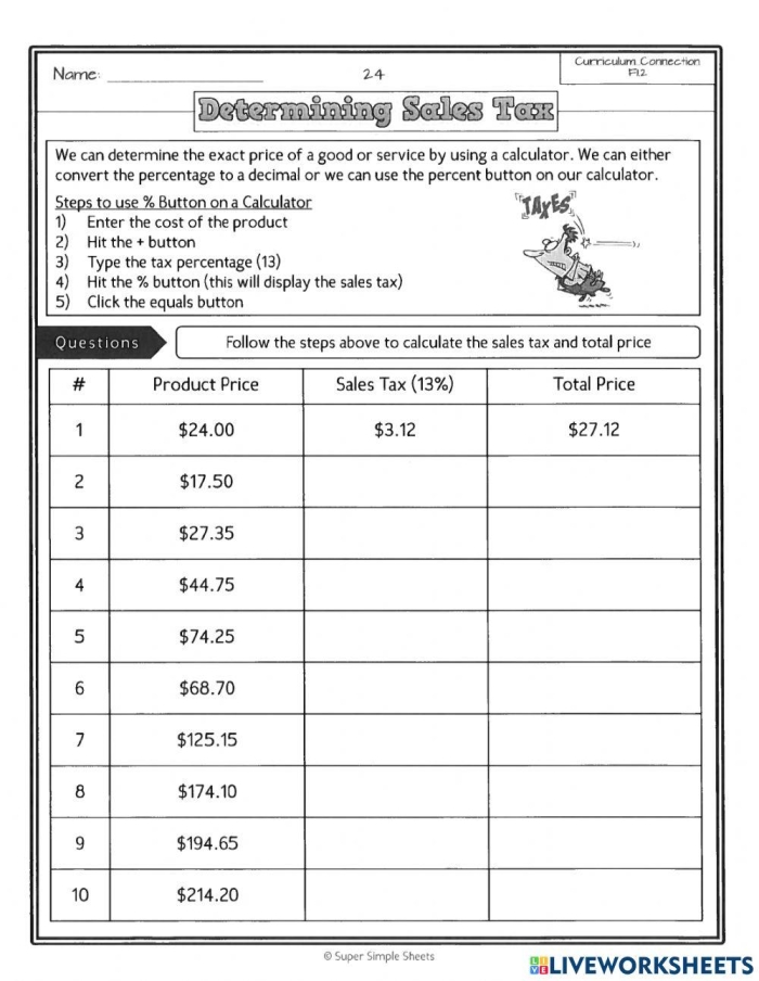 Calculate Sales Tax Worksheet 18 Math Practice for Seventh Grade A seventh grade math worksheet featuring baseball snack prices to help students practice calculating sales tax