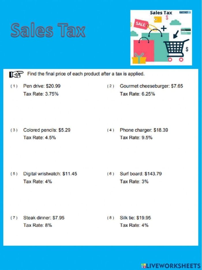 Calculate Sales Tax Worksheet 23: Baseball Game Snacks Math Problem A seventh grade student calculating sales tax on baseball snacks at a concession stand