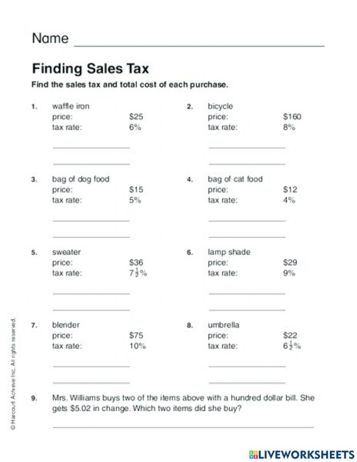 Seventh Grade Math Worksheet Calculating Sales Tax on Baseball Game Snacks A seventh grade student calculating sales tax on stadium snack prices for a math worksheet