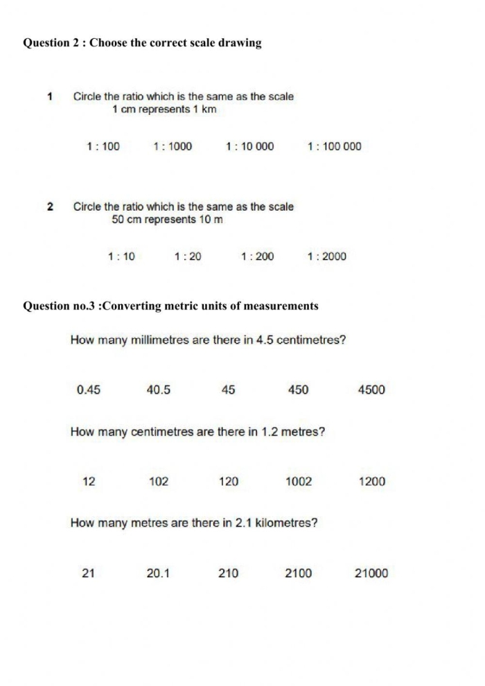 A seventh grade geometry worksheet focused on calculating actual object dimensions from provided scale drawings