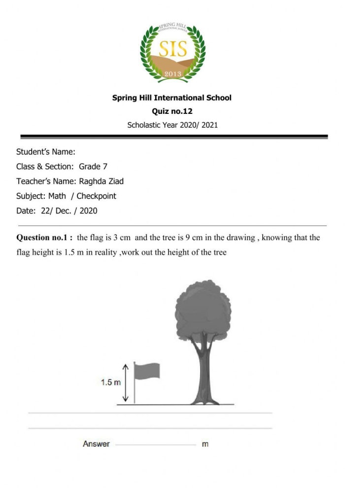 A seventh-grade student working through a scale drawing problem to calculate actual object dimensions on a geometry worksheet