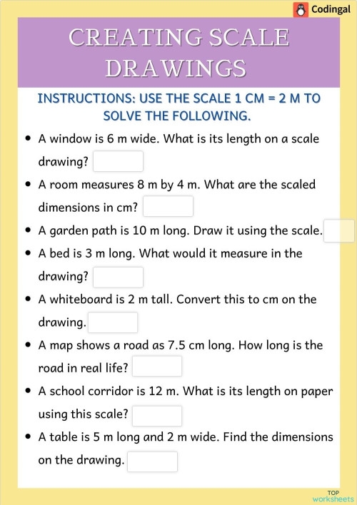 A seventh-grade student using a scale drawing to calculate the actual dimensions of an object on a geometry worksheet