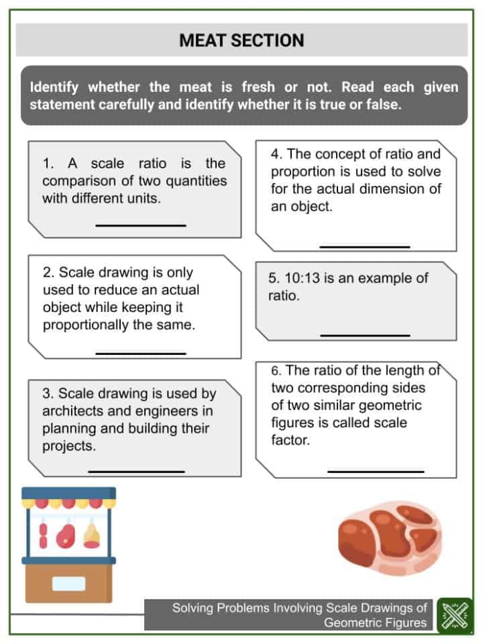 Seventh grade geometry worksheet featuring floor plan problems for calculating actual room areas from scale drawings