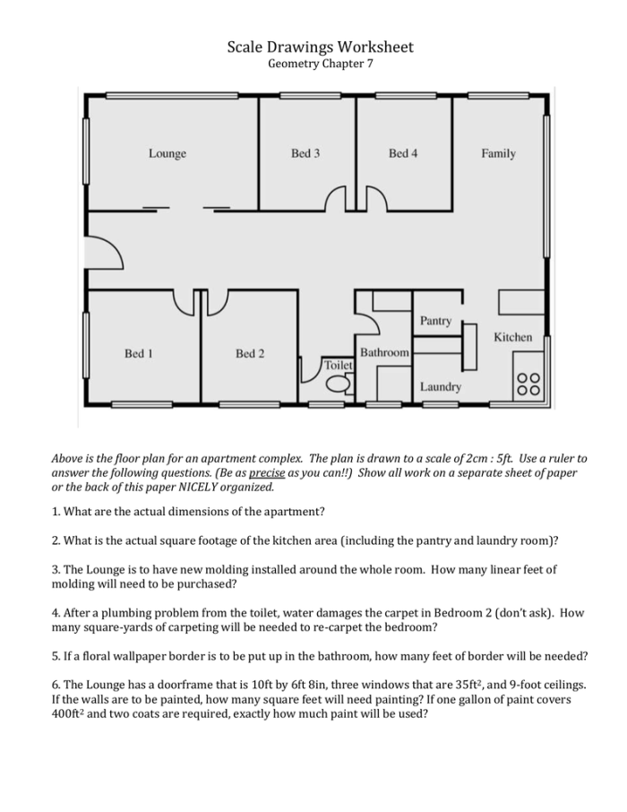Seventh grade math worksheet featuring geometry problems about finding actual dimensions from scale drawings