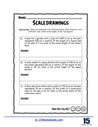 A seventh-grade student working through scale drawing problems to calculate actual object dimensions from a scaled diagram