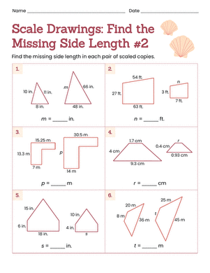 Seventh grade geometry worksheet for finding real world object dimensions from scale drawings