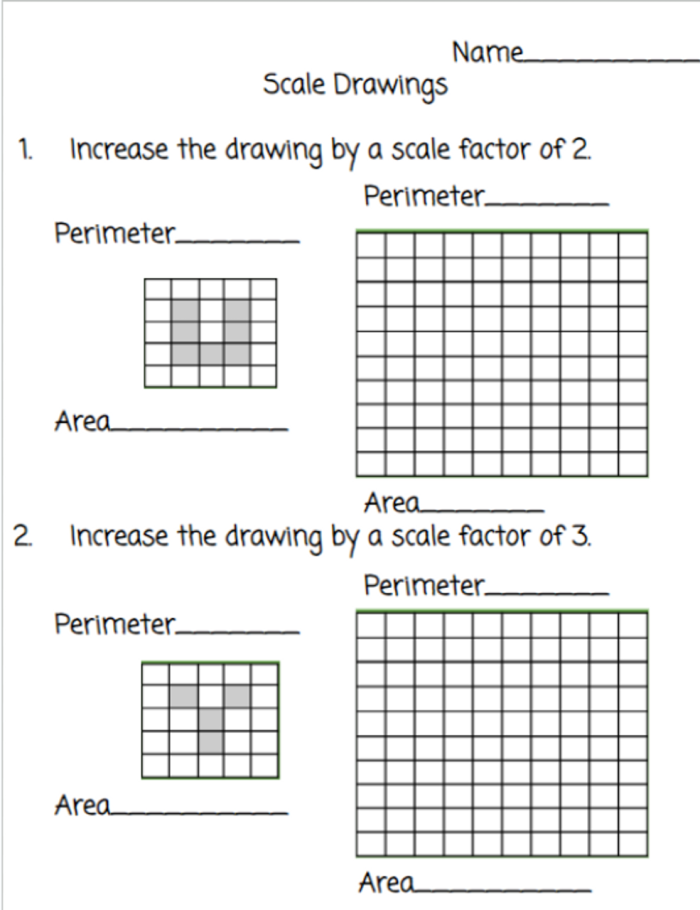 Seventh grade math worksheet featuring geometry problems about finding actual object dimensions from scale drawings