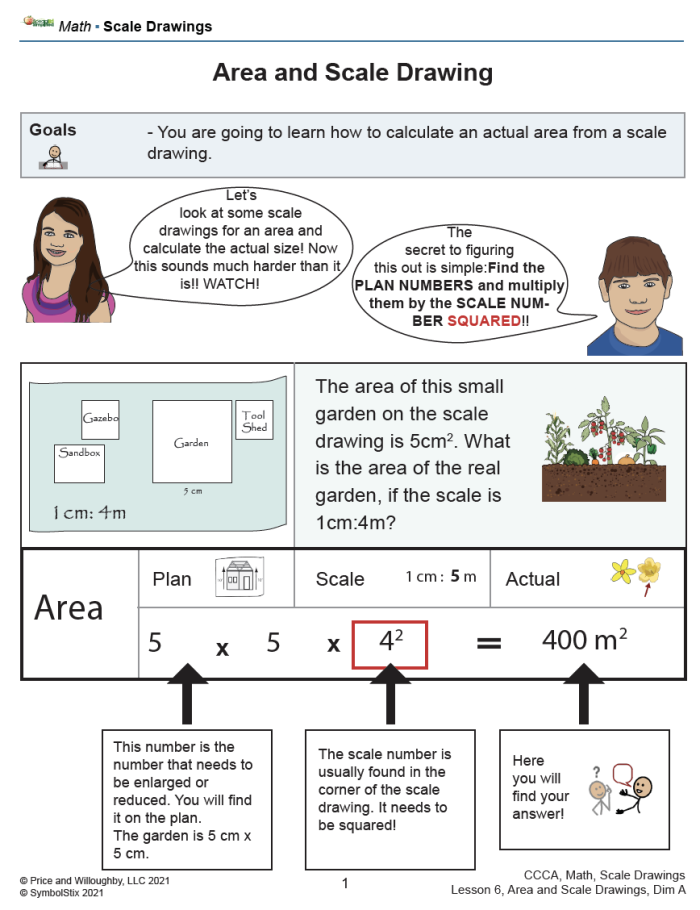 Seventh grade math worksheet featuring geometry problems about finding actual dimensions from scale drawings