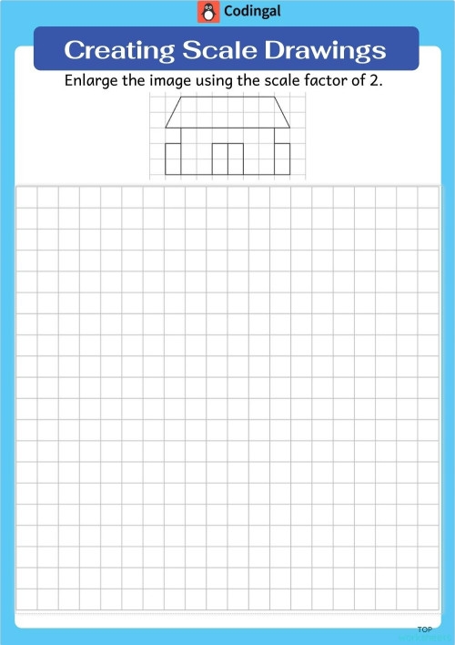 A seventh-grade student working through a scale drawings worksheet to find actual object dimensions using proportional reasoning