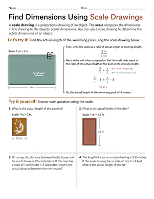 Seventh grade student working through scale drawing problems to find actual object dimensions on a math worksheet