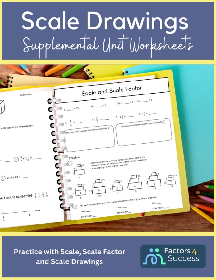 A seventh-grade student working through a scale drawings worksheet to calculate actual object dimensions from scaled measurements