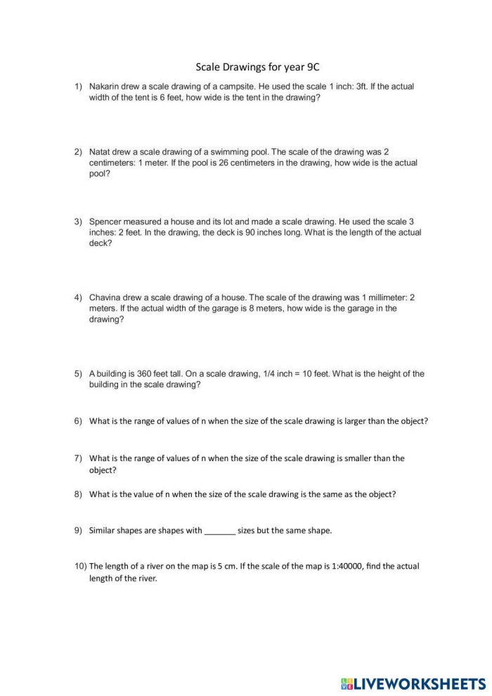Seventh grade math worksheet focusing on calculating real-world measurements from scale drawings