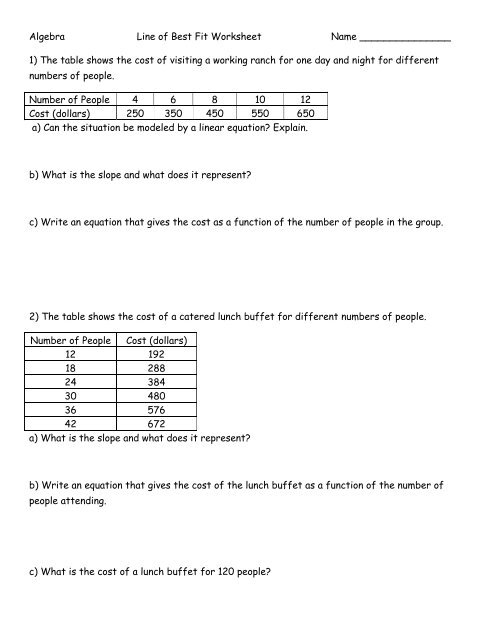 Eighth grade math worksheet showing students how to draw lines of best fit through various scatter plots