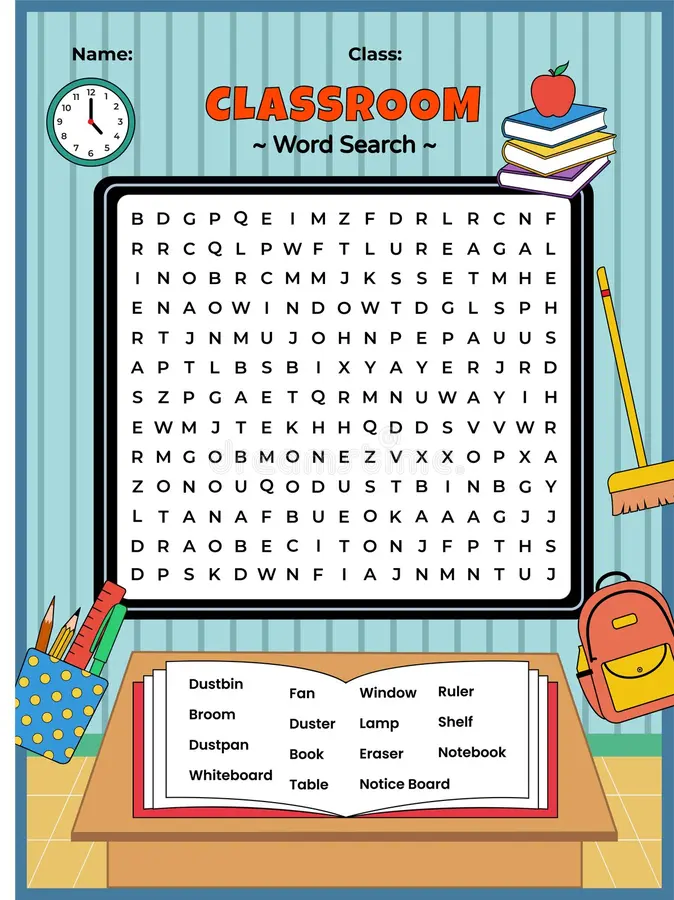 Pre-K worksheet with hidden school supplies to find and circle for geometry practice