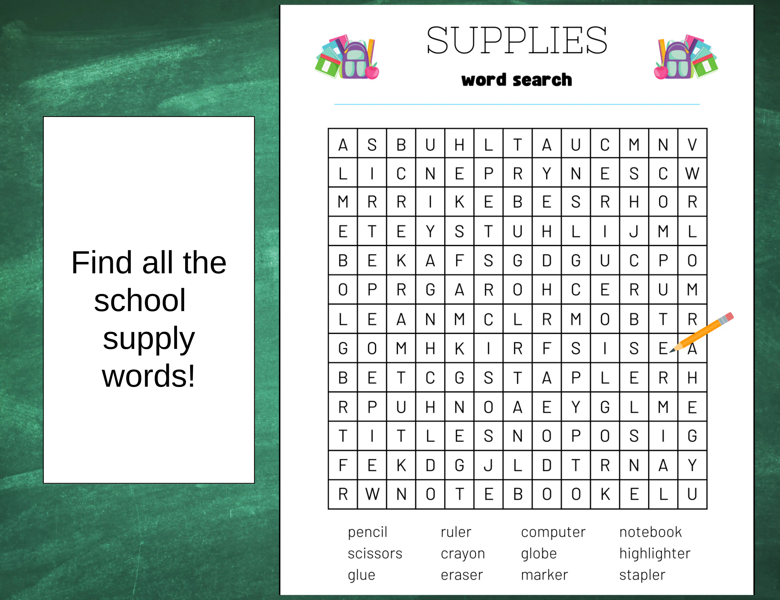 A second grade student solving a word search puzzle to find school supplies vocabulary words