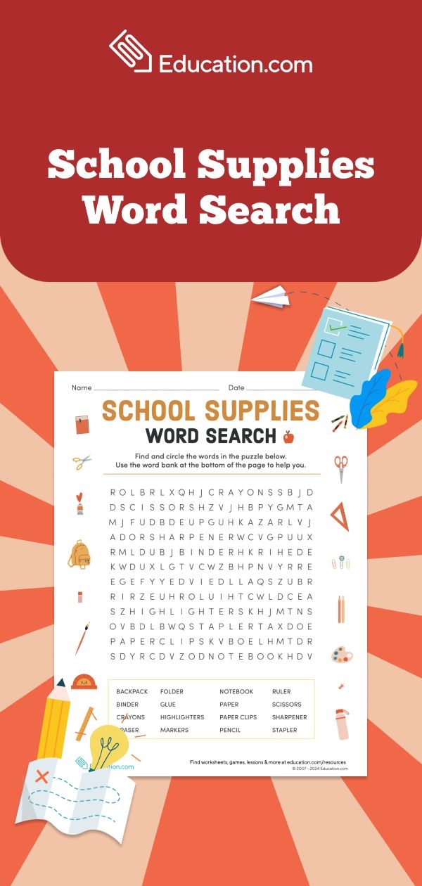 Second grade students finding school supply words in a word search puzzle grid with pencil, paper, and classroom items