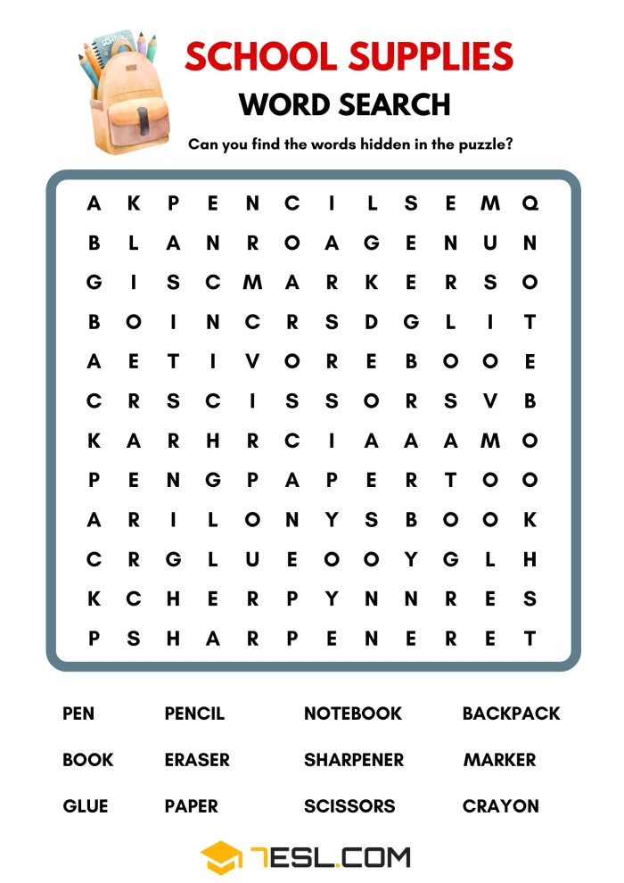 Second grade students completing a school supplies word search puzzle with common classroom items highlighted